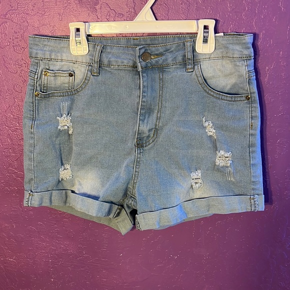 light blue rolled hem ripped denim shorts - Picture 1 of 3